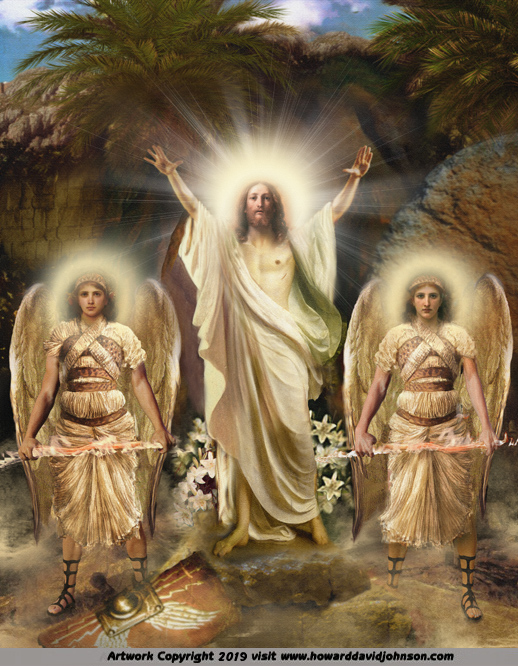 Art work – Painting depicting the empty tomb and two angels with the risen Christ on the first Easter