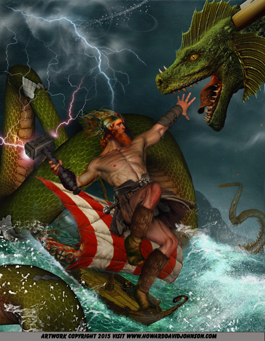 Thor battles Jormungand midgard serpent world serpent painting art norse